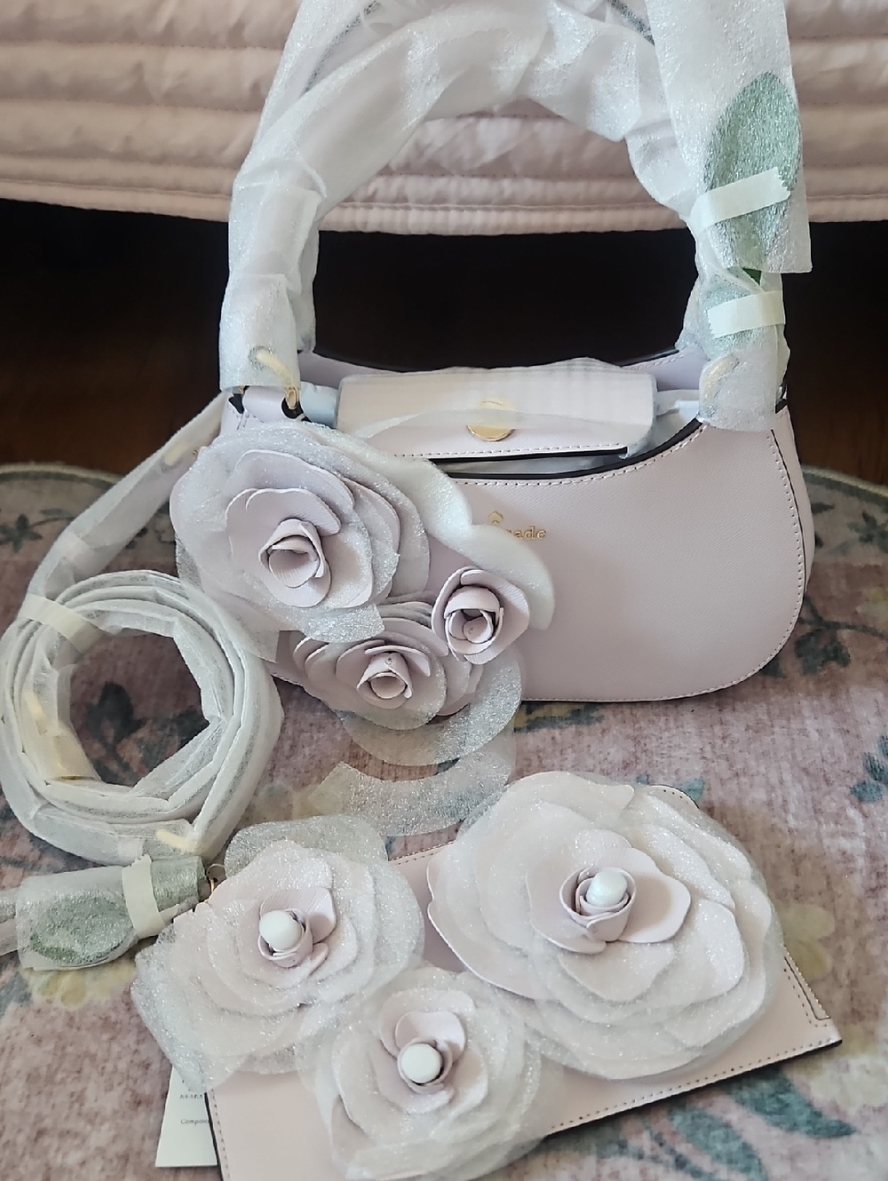 kate spade Lavender floral applique shoulder bag with matching Wristlet pouch